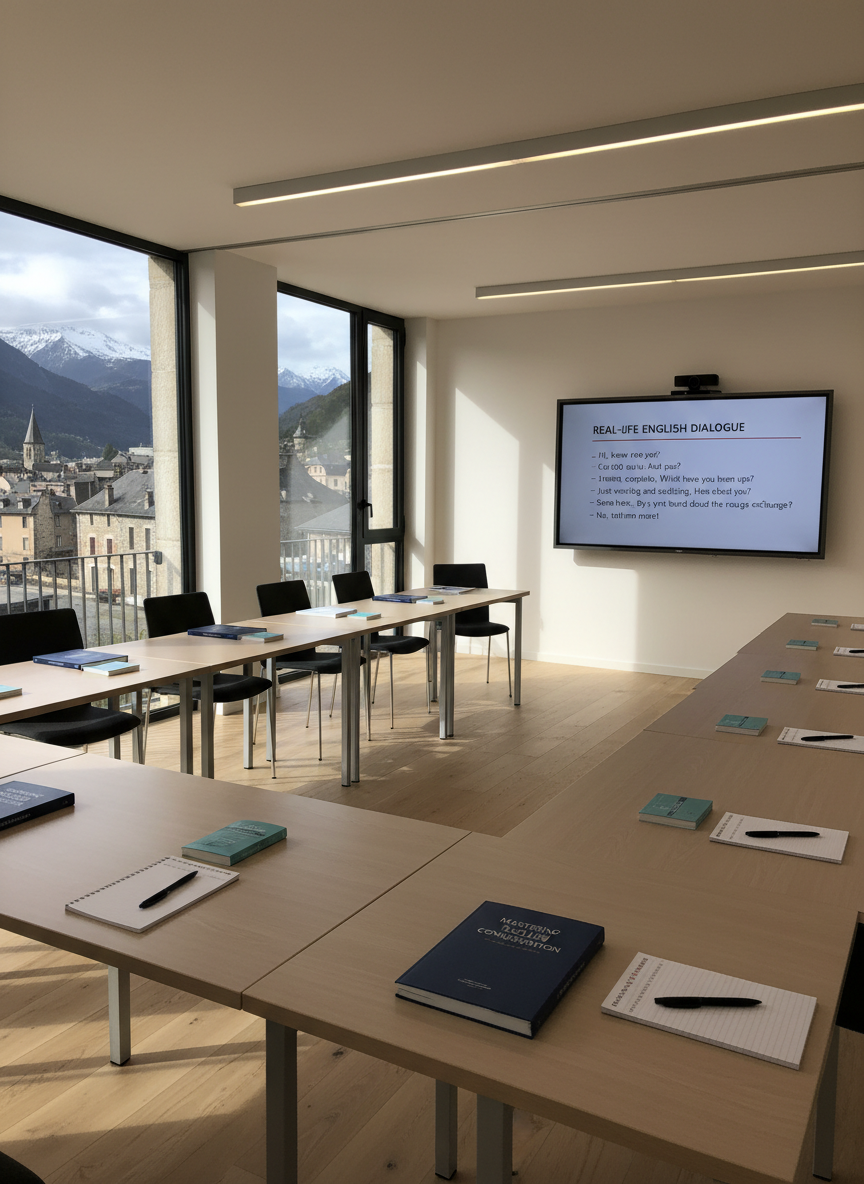 A polished, modern classroom interior without people, featuring a U-shaped arrangement of light oak tables with slim metal legs, each set with a closed English coursebook, a small French–English phrasebook, and a lined notepad. At the front, a wall-mounted flat screen displays a paused slide with a simple dialogue for real-life English conversation, the text clearly visible. Large windows on one side reveal a soft-focus mountain townscape, hinting at Bagnères. Natural afternoon light floods the room, enhanced by discreet recessed ceiling lights, casting gentle shadows and reflections on the tabletops. Photographic realism from a wide-angle eye-level perspective emphasizes space and clarity, with clean, modern lines and a calm, professional mood ideal for focused language learning.